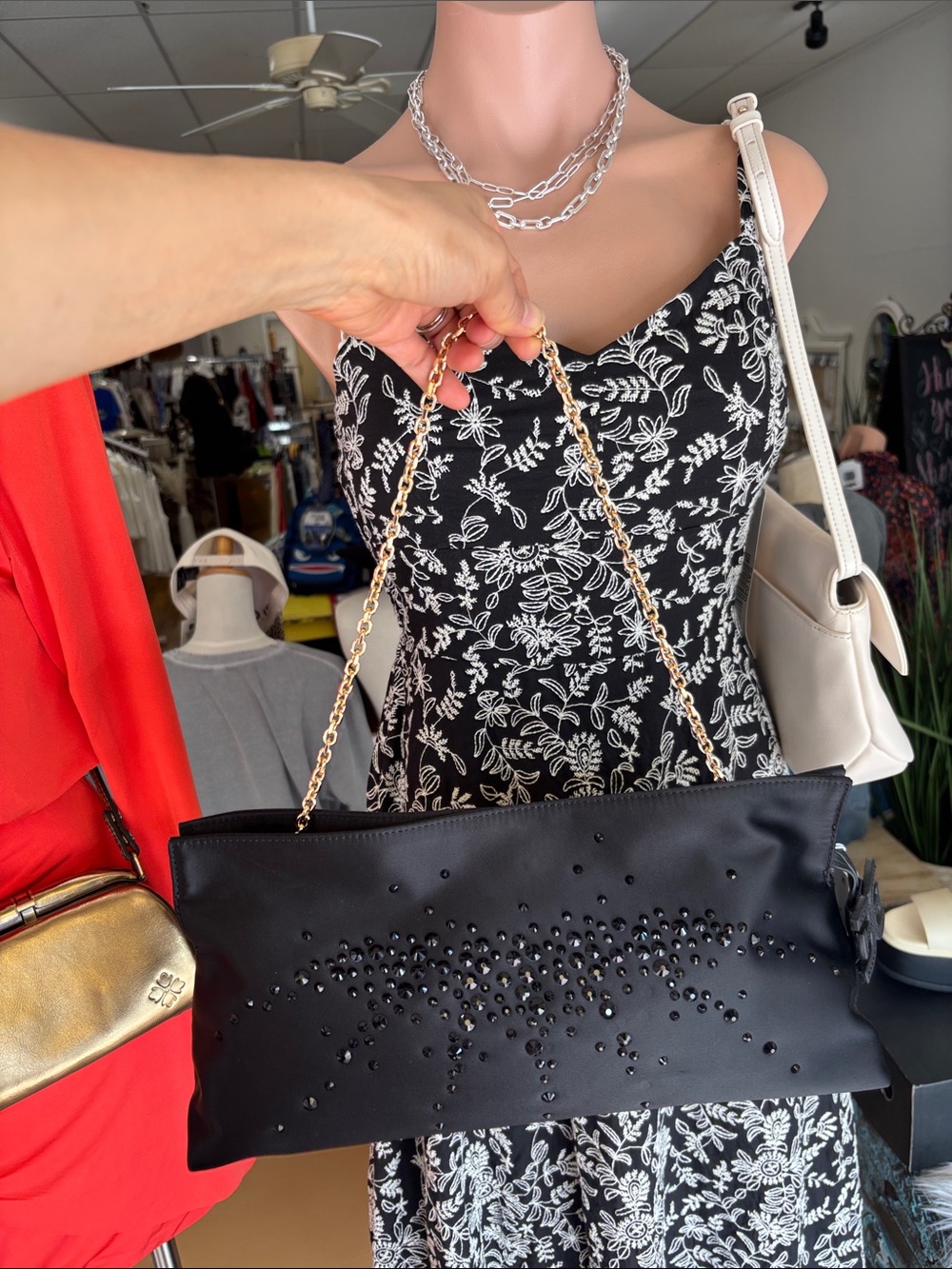 Sam Edelman Black Embellished Clutch with Gold Chain